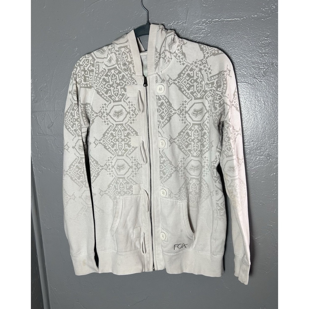 Fox‎ Racing Women's Full Zip Hoodie Y2k All Over Print Size L Ivory